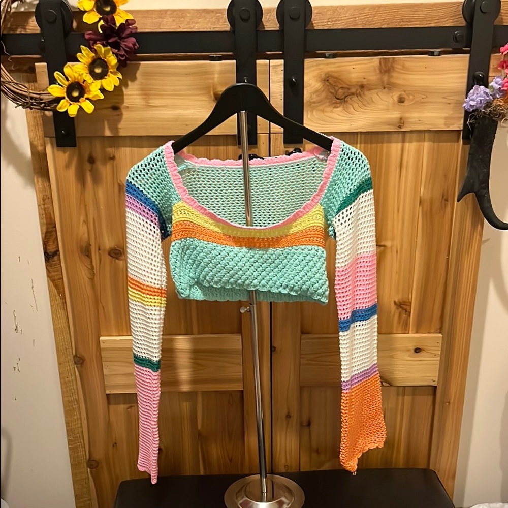 Multicolor Striped Knit Mesh Crop Top